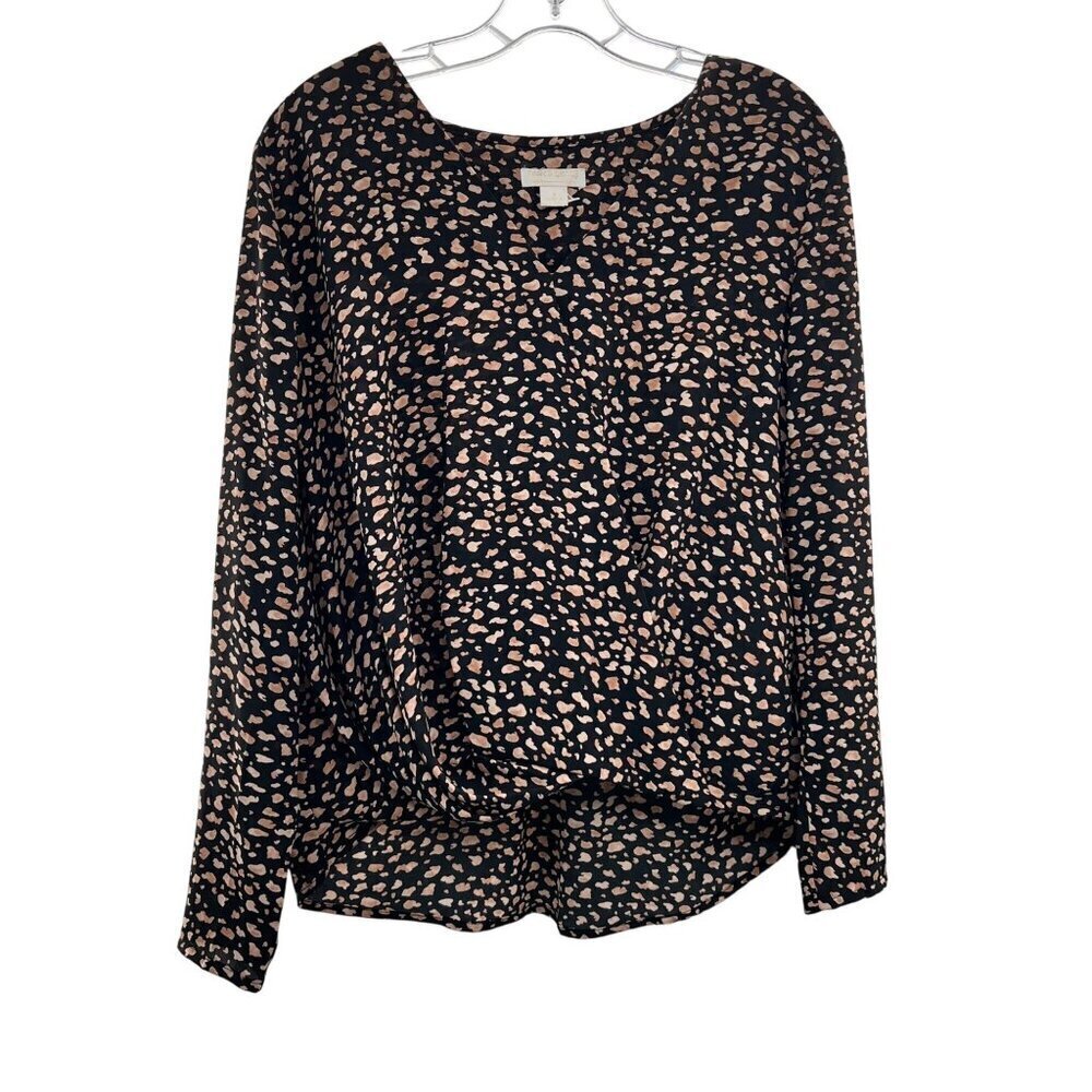 Finn & Grace Women's V-Neck Long Sleeve Print Top Black/Beige Size Small